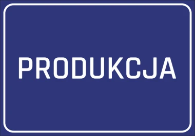Naklejka Produkcja - Wzór graficzny. Niebieskie tło z białym napisem PRODUKCJA w dużych literach