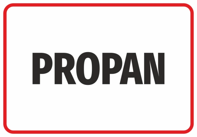 Naklejka Propan - Wzór graficzny. Duże litery PROPAN na białym tle, otoczone czerwoną ramką