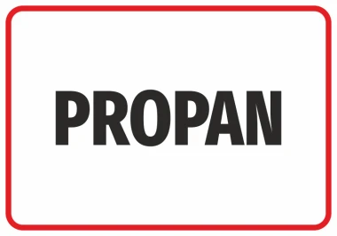 Naklejka Propan - Wzór graficzny. Duże litery PROPAN na białym tle, otoczone czerwoną ramką