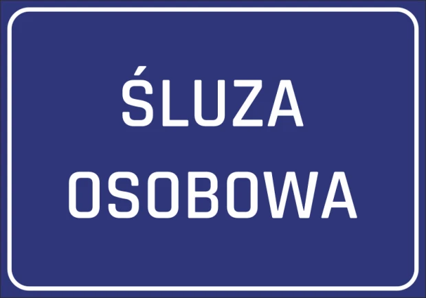 Niebieska naklejka informacyjna BHP na drzwi lub ścianę z białym napisem Śluza osobowa i ramką