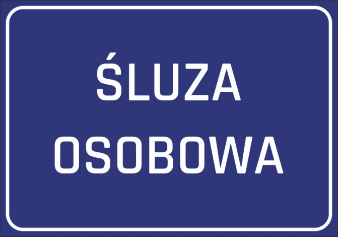 Naklejka Śluza osobowa - Wzór graficzny. Prosty, prostokątny kształt z białym tekstem na niebieskim tle