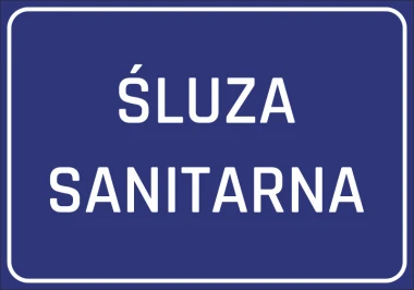 Naklejka Śluza sanitarna - Wzór graficzny. Niebieskie tło z białym napisem ŚLUZA SANITARNA