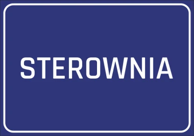 Naklejka Sterownia - Wzór graficzny. Prosty, prostokątny kształt z białym napisem na niebieskim tle