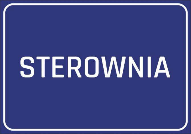 Naklejka Sterownia - Wzór graficzny. Prosty, prostokątny kształt z białym napisem na niebieskim tle