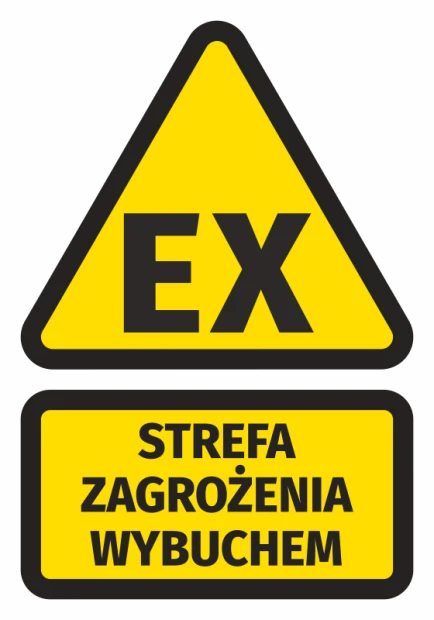 Naklejka Strefa zagrożenia wybuchem N268 - Wzór graficzny. Trójkąt z napisem EX oraz prostokąt z napisem STREFA ZAGROŻENIA