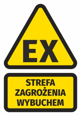 Naklejka Strefa zagrożenia wybuchem N268 - Wzór graficzny. Trójkąt z napisem EX oraz prostokąt z napisem STREFA ZAGROŻENIA