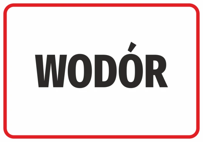 Naklejka Wodór - Wzór graficzny. Duży napis WODÓR w czarnym kolorze na białym tle z czerwoną ramką