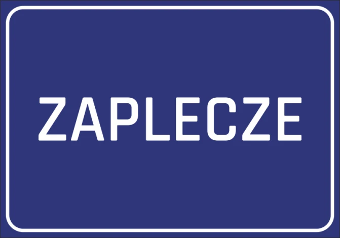 Naklejka Zaplecze - Wzór graficzny. Prostokąt z niebieskim tłem i białym napisem ZAPLECZE
