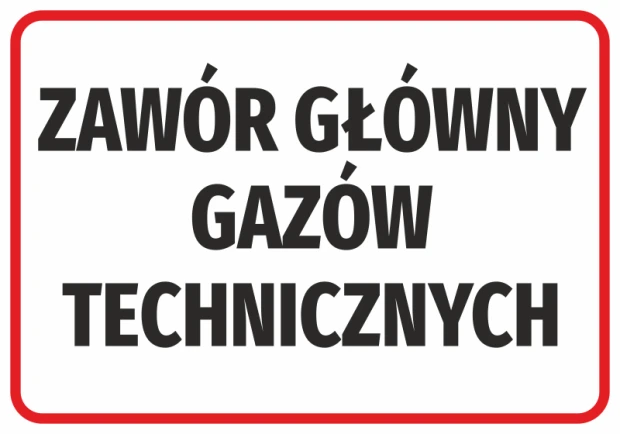 Naklejka BHP z czarnym napisem Zawór główny gazów technicznych w czerwonej ramce na białym tle