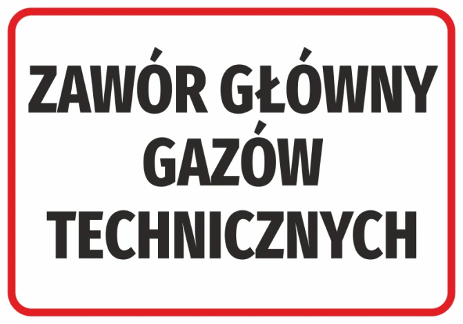 Naklejka Zawór główny gazów technicznych - Wzór graficzny. Duży, czarny tekst na białym tle w czerwonej ramce