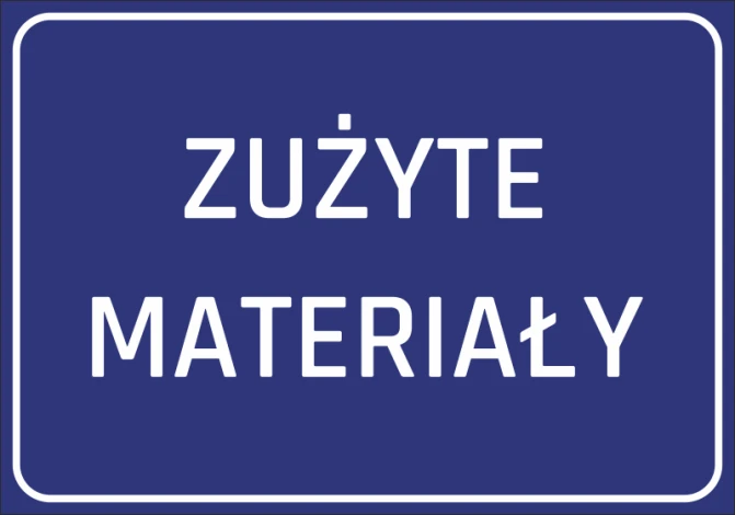 Naklejka Zużyte materiały - Wzór graficzny. Niebieskie tło z białym tekstem ZUŻYTE MATERIAŁY