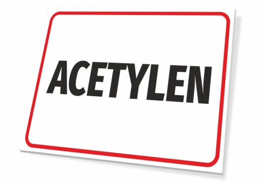 Tabliczka BHP z czarnym napisem ACETYLEN w czerwonej ramce, pokazana jako fizyczny produkt pod kątem