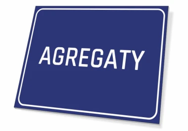 Tabliczka Agregaty - Wzór graficzny. Prosta, prostokątna tabliczka z białym napisem na ciemnoniebieskim tle