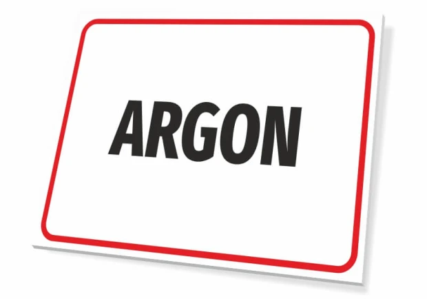 Tabliczka Argon - Wzór graficzny. Prosta tabliczka z białym tłem, czerwoną ramką i dużym napisem ARGON