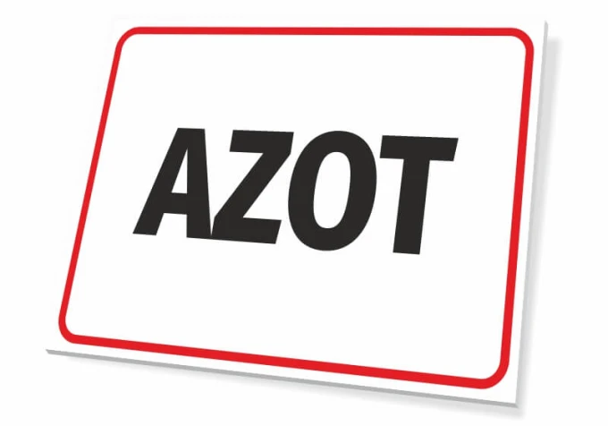 Tabliczka Azot - Wzór graficzny. Prosta tabliczka z napisem AZOT w dużych, czarnych literach na białym tle, otoczona