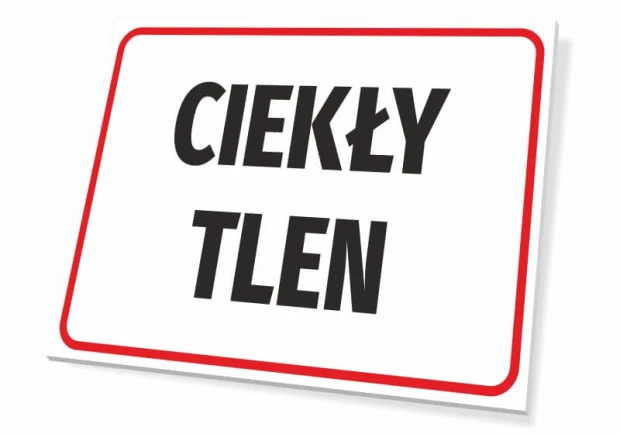 Tabliczka Ciekły tlen - Wzór graficzny. Prosta tabliczka z białym tłem, czarnym napisem i czerwoną ramką