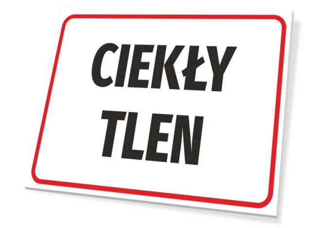 Tabliczka Ciekły tlen - Wzór graficzny. Prosta tabliczka z białym tłem, czarnym napisem i czerwoną ramką