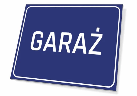Niebieska tabliczka informacyjna z białym napisem GARAŻ i ozdobną ramką, pokazana na białym tle