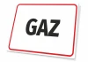 Tabliczka Gaz - Wzór graficzny. Prostokątna tabliczka z białym tłem, czerwoną ramką i dużym napisem GAZ