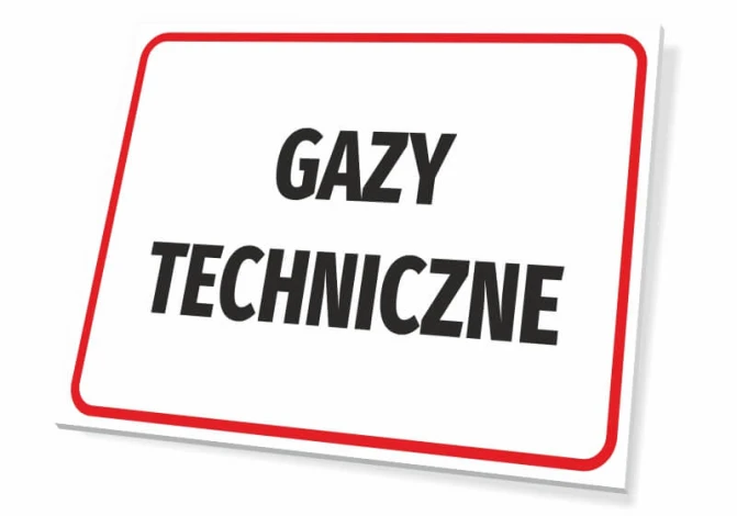 Tabliczka Gazy techniczne - Wzór graficzny. Prosta prostokątna forma z dużym czarnym napisem na białym tle, otoczona