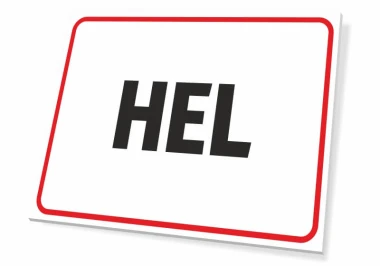 Tabliczka Hel - Wzór graficzny. Prosta, prostokątna tabliczka z białym tłem i czerwonym obramowaniem. Czarny napis HEL