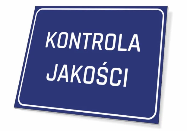 Tabliczka Kontrola jakości - Wzór graficzny. Prosta, prostokątna tabliczka z niebieskim tłem i białym napisem