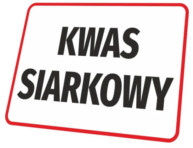 Tabliczka informacyjna BHP z czarnym napisem Kwas siarkowy w czerwonej ramce na białym tle