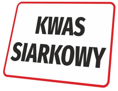 Tabliczka Kwas siarkowy - Wzór graficzny. Prosta prostokątna forma z dużym czarnym napisem na białym tle. Czerwony