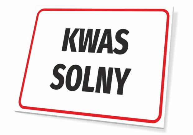 Tabliczka Kwas solny - Wzór graficzny. Prosty prostokąt z białym tłem i grubym czarnym napisem. Czerwony obramowanie