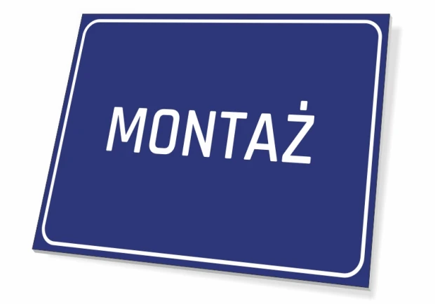 Tabliczka Montaż - Wzór graficzny. Prosta, prostokątna tabliczka z niebieskim tłem i białym napisem MONTAŻ
