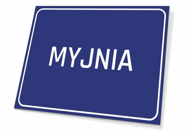 Niebieska prostokątna tabliczka informacyjna z białym napisem MYJNIA i ramką, pokazana na białym tle