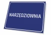 Tabliczka Narzędziownia - Wzór graficzny. Prostokątna tabliczka z niebieskim tłem i białym napisem