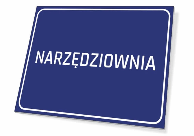 Tabliczka Narzędziownia - Wzór graficzny. Prostokątna tabliczka z niebieskim tłem i białym napisem
