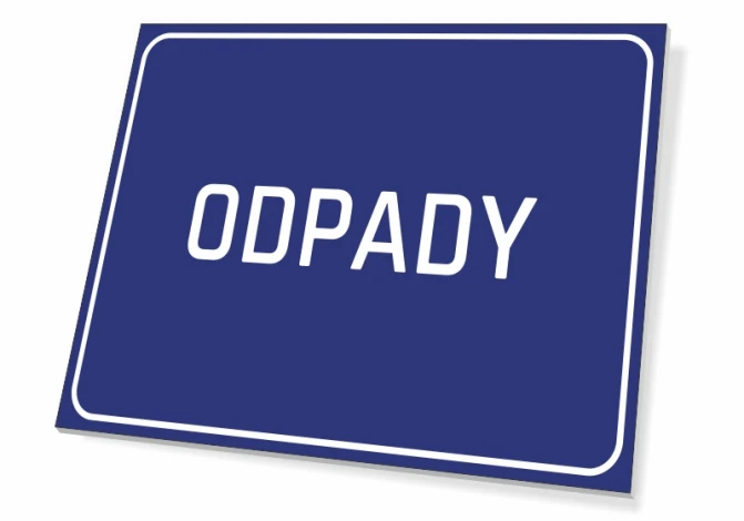 Tabliczka T294, Odpady - Wzór graficzny. Prosta, prostokątna tabliczka z niebieskim tłem i białym napisem ODPADY