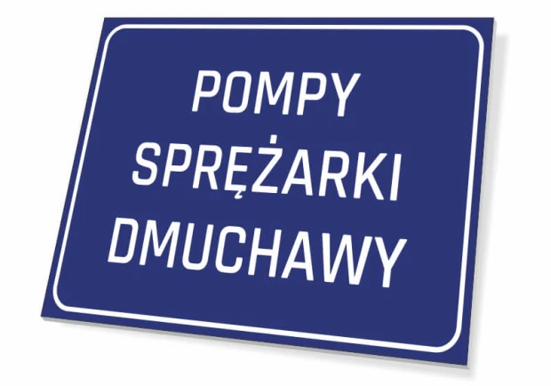 Niebieska tabliczka informacyjna na drzwi lub ścianę z białym napisem POMPY SPRĘŻARKI DMUCHAWY