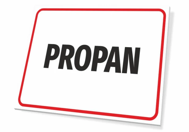 Prostokątna tabliczka BHP z czarnym napisem PROPAN w czerwonej ramce, pokazana jako fizyczny produkt