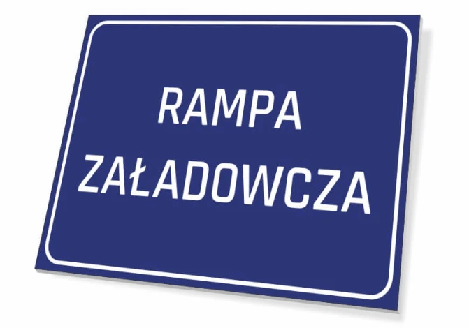 Tabliczka Rampa załadowcza - Wzór graficzny. Prosta, prostokątna tabliczka z białym napisem na niebieskim tle
