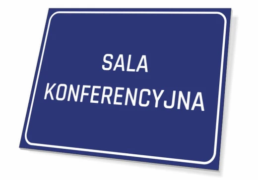 Niebieska tabliczka informacyjna na drzwi lub ścianę z białym napisem SALA KONFERENCYJNA i ramką