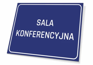 Tabliczka Sala konferencyjna - Wzór graficzny. Prostokątna tabliczka z niebieskim tłem i białym napisem