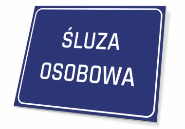 Tabliczka Śluza osobowa - Wzór graficzny. Prosta, prostokątna tabliczka z białym napisem na niebieskim tle
