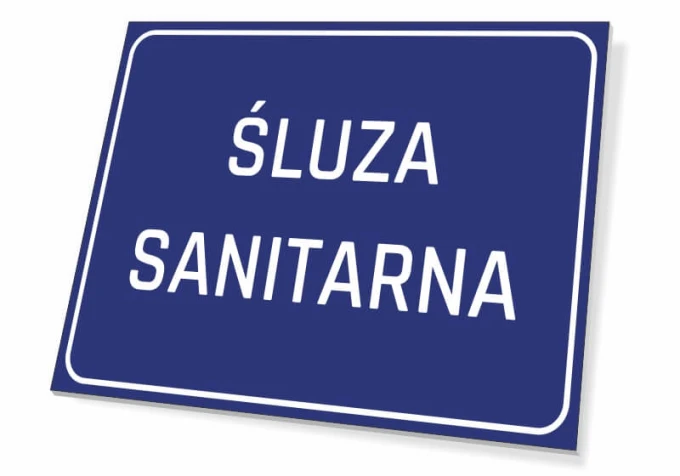 Tabliczka Śluza sanitarna - Wzór graficzny. Prosta, prostokątna tabliczka z białym napisem na niebieskim tle