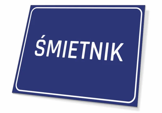 Niebieska tabliczka informacyjna z białym napisem ŚMIETNIK i ozdobną ramką na białym tle