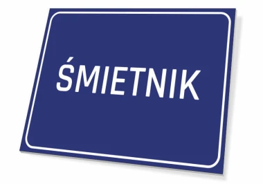 Tabliczka Śmietnik - Wzór graficzny. Prostokątna tabliczka z niebieskim tłem i białym napisem ŚMIETNIK