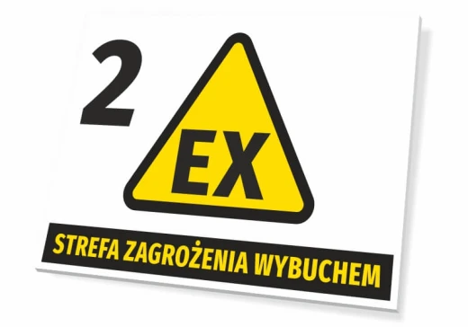 Tabliczka BHP z żółtym znakiem ostrzegawczym EX i napisem STREFA ZAGROŻENIA WYBUCHEM oraz cyfrą 2