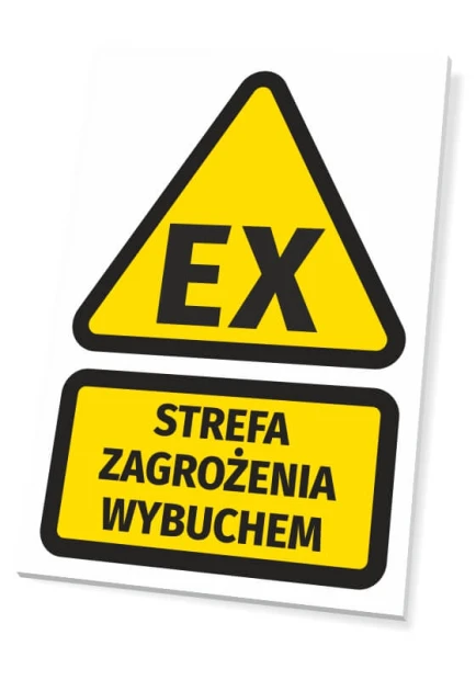 Żółta tabliczka ostrzegawcza BHP z czarnym piktogramem EX i napisem STREFA ZAGROŻENIA WYBUCHEM na białym tle