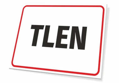 Tabliczka Tlen - Wzór graficzny. Prosty prostokąt z białym tłem i dużymi, czarnymi literami TLEN w czerwonej ramce