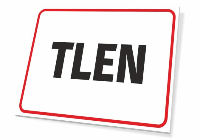 Tabliczka Tlen - Wzór graficzny. Prosty prostokąt z białym tłem i dużymi, czarnymi literami TLEN w czerwonej ramce