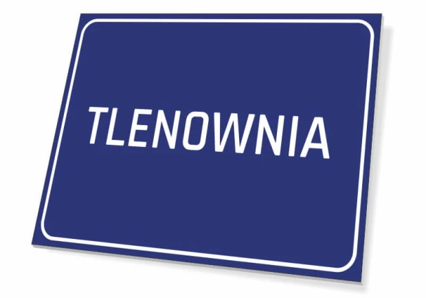 Tabliczka Tlenownia - Wzór graficzny. Prosta, prostokątna tabliczka z białym napisem na niebieskim tle