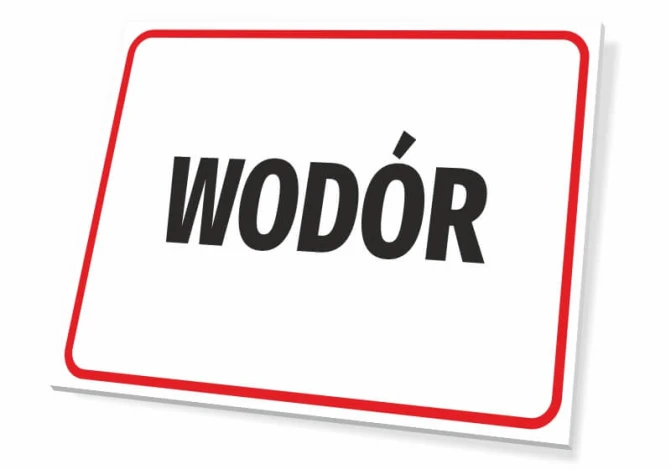 Tabliczka Wodór - Wzór graficzny. Prosta forma z dużym napisem WODÓR na białym tle, otoczona czerwoną ramką