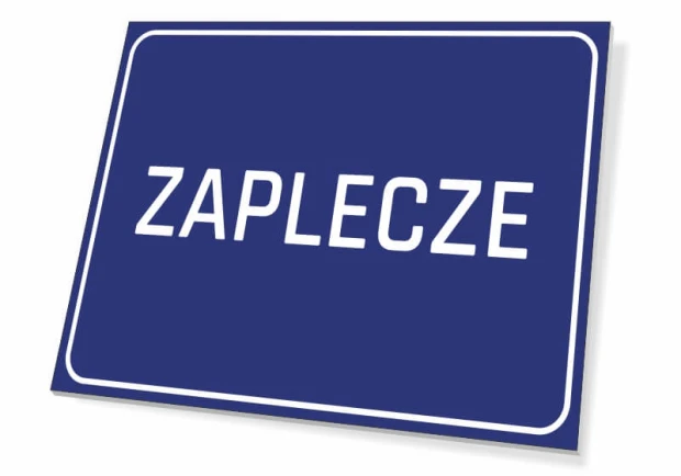 Niebieska prostokątna tabliczka informacyjna na drzwi lub ścianę z białym napisem ZAPLECZE i ramką